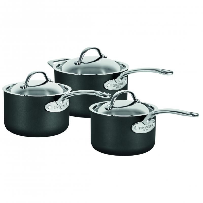 Chasseur Hard Anodised 3-Pc Saucepan Set with non-stick surface, stainless steel lids, and ergonomic handles for versatile cooking.