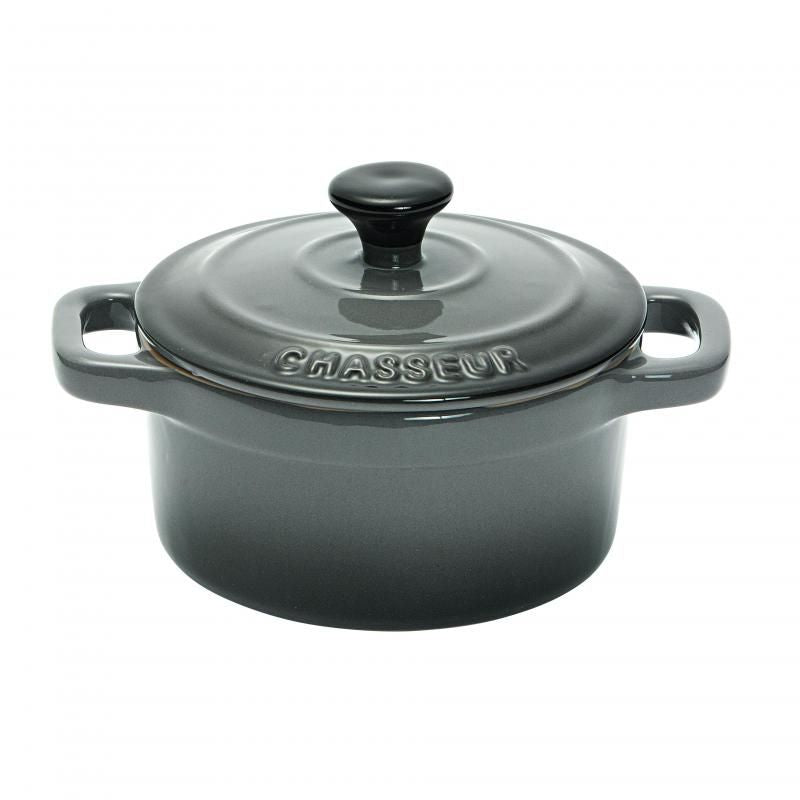 Chasseur Mini Cocotte in grey, 10cm, 300ml, perfect for individual pies and desserts; oven, freezer, and microwave safe.