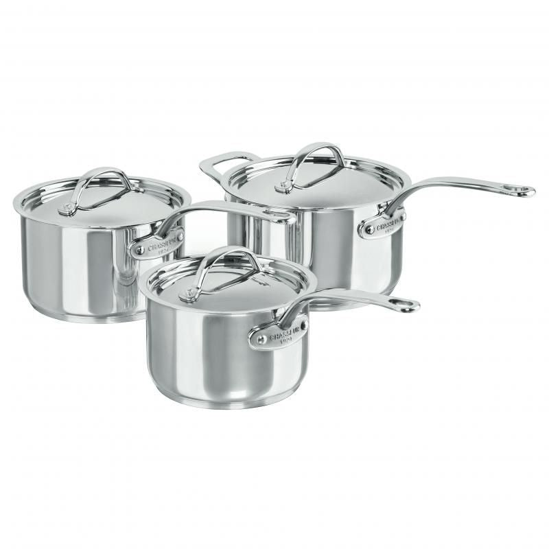 Three-piece CHASSEUR saucepan set in stainless steel, featuring elegant design and versatile sizes for all cooking needs.