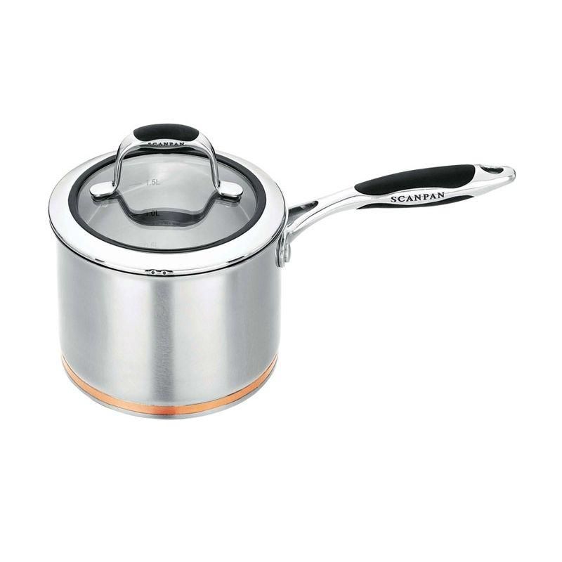 Premium 18cm SCANPAN Coppernox saucepan with copper core, stainless steel, tempered glass lid, and ergonomic handle.