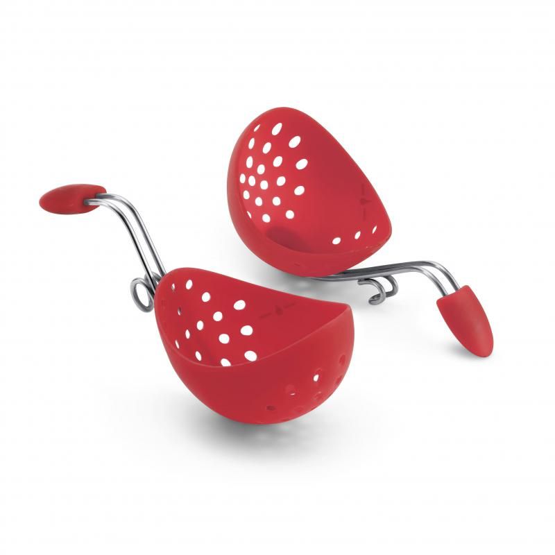 Cuisipro Egg Poacher set in red, designed for effortless poaching with non-stick silicone and drainage holes for perfect results.