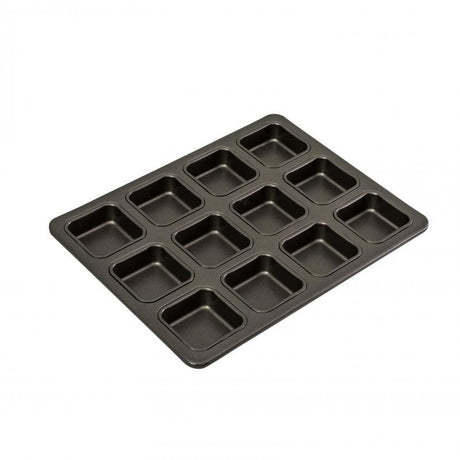 Bakemaster 12 Cup Square Brownie Pan with non-stick coating, perfect for baking evenly-sized brownies and treats.