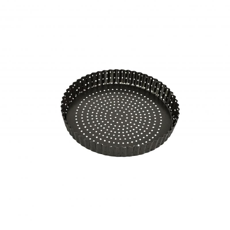 Heavy-duty 25cm Bakemaster quiche pan with loose base, non-stick surface, and perforated design for crispy crusts.