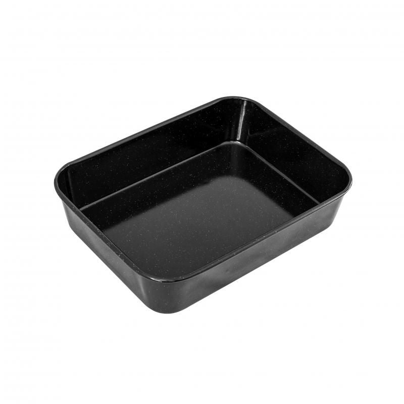 Bakemaster Enamel Roaster 35x25x6cm, durable, versatile roasting pan compatible with all heat sources, dishwasher safe.