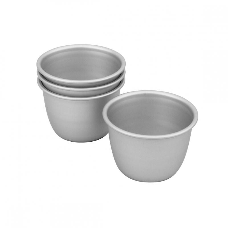 Set of 4 Bakemaster Silver Anodised 7.5x6 cm pudding moulds, perfect for even baking and effortless dessert release.