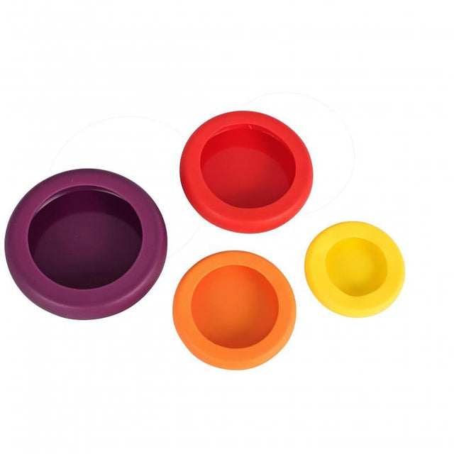 Colorful silicone food huggers for covering fruits, veggies, and containers, promoting freshness and reducing plastic waste.