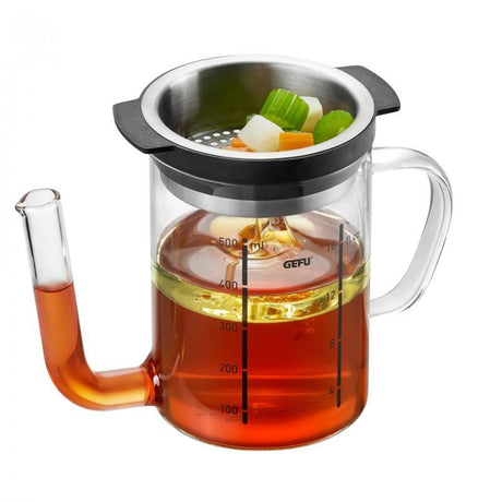 GEFU Fat Separator Jug: 500 ml borosilicate glass jug with stainless-steel sieve for easily removing fat from sauces and gravies.