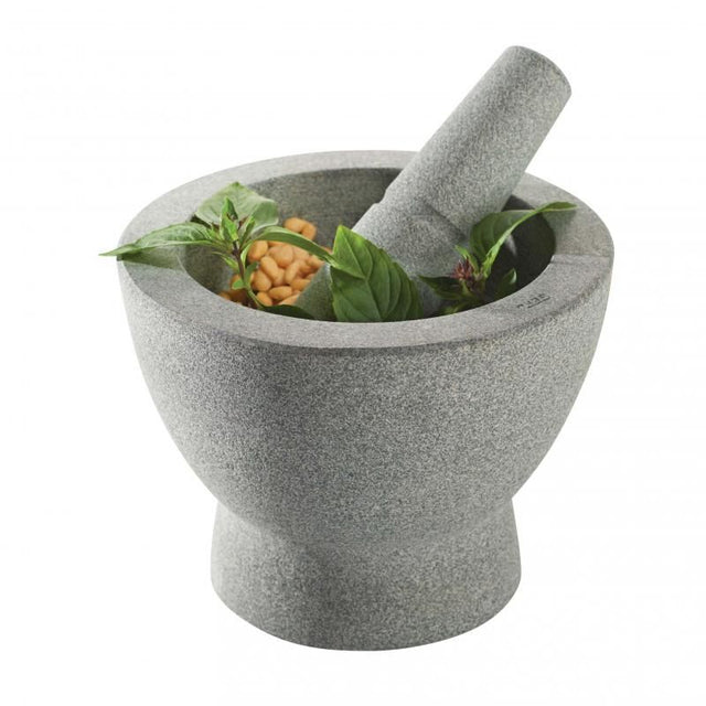 Gefu Crunchy Granite Mortar 17cm with ergonomic pestle, ideal for grinding spices and making pesto. Stylish and durable kitchen tool.