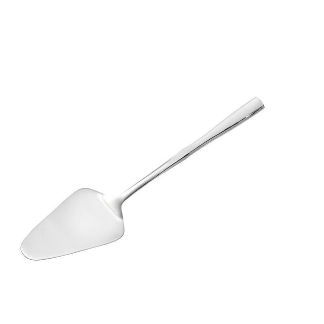 Wilkie Brothers Hartford Cake Server in polished stainless steel, elegantly designed for stylish dessert presentation and easy cleanup.