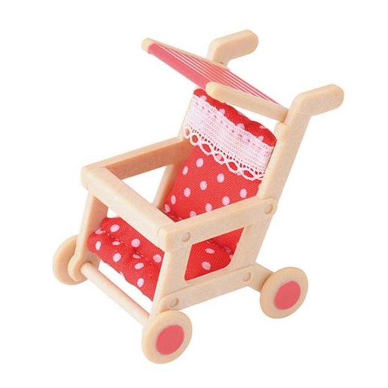 Stylish Sylvanian Families Push Chair with a wooden frame, red polka dots, and lace, perfect for imaginative play.