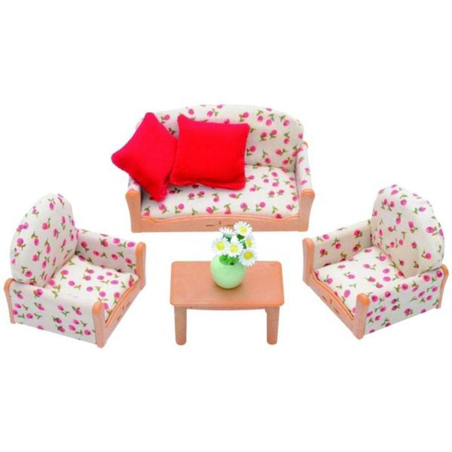 Sylvanian Families 3 Piece Suite with floral sofa, two chairs, coffee table, and vase of daisies for imaginative play.