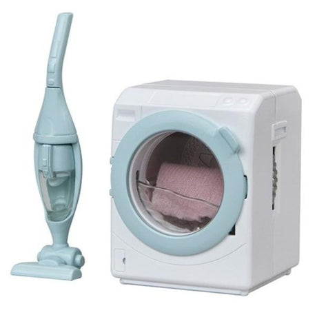 Sylvanian Families Laundry & Vacuum Cleaner set, featuring a washing machine with a spinning drum and detachable hand-held vacuum.