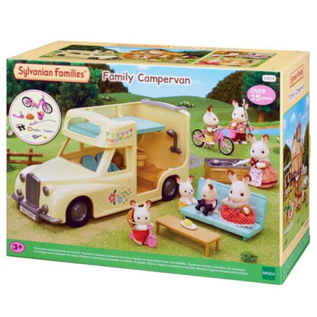 Colorful Sylvanian Families campervan with accessories, accommodating up to seven figures for imaginative outdoor adventures.