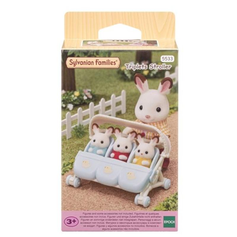 Sylvanian Families Triplets Stroller with cozy canopy, seating for triplet figures, perfect for imaginative play.