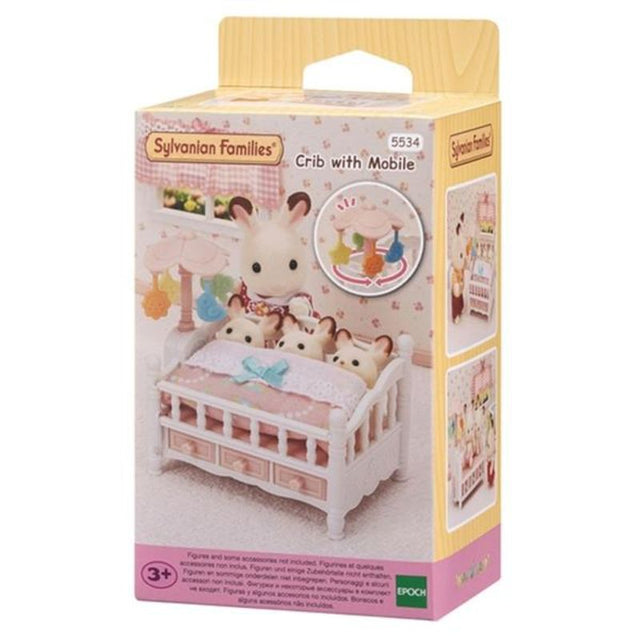 Sylvanian Families Triplets Crib with Mobile featuring three cradled babies, a spinning mobile, and a convertible bench footboard.