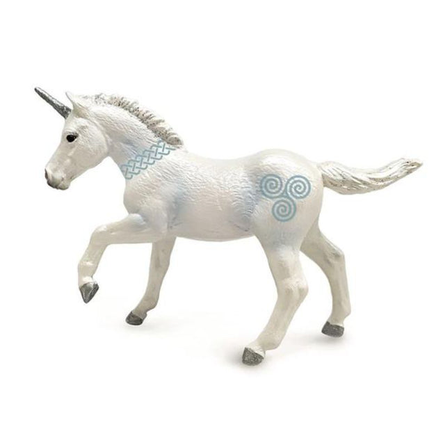 CollectA Unicorn Foal Blue, hand-painted vinyl toy with a spiraled horn and Celtic symbols, perfect for imaginative play.