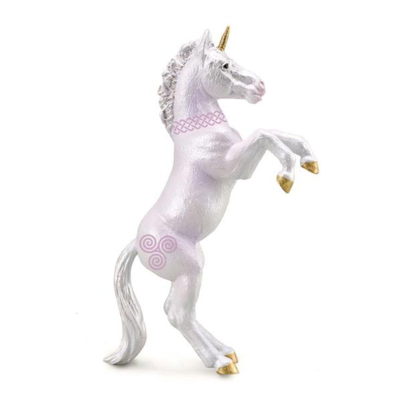 Hand-painted pink unicorn foal rearing, featuring Tree of Life and Sailor's Knot designs, perfect for imaginative play.