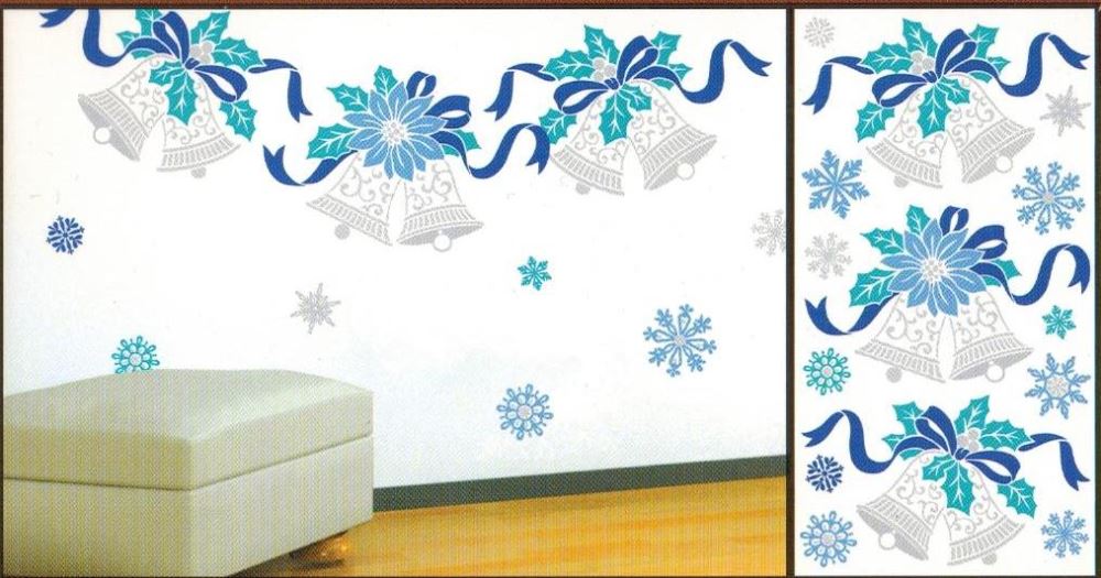 Silver Bell Christmas Wall Decals with glitter accents; 14 removable stickers for festive home decoration.