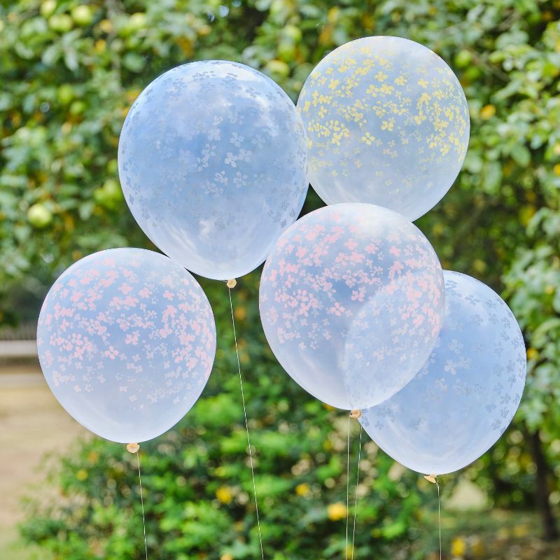 Pastel floral balloon bundle featuring 5 vibrant, eco-friendly balloons in yellow, pink, and blue for elegant celebrations.