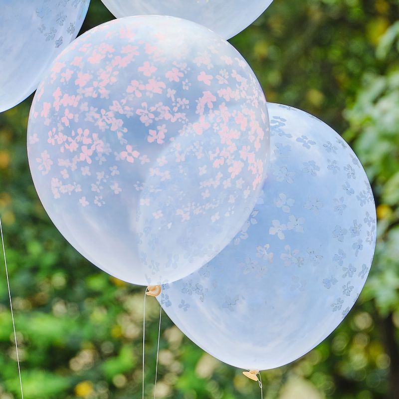 Pastel floral balloon bundle with yellow, blush pink, and blue prints, perfect for elegant spring celebrations.