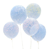 Pastel floral balloon bundle featuring 5 balloons in yellow, blush pink, and blue, perfect for spring celebrations.