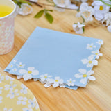 Floral-edge blue paper napkins for Spring gatherings, eco-friendly, 16cm diameter, pack of 16, perfect for any occasion.