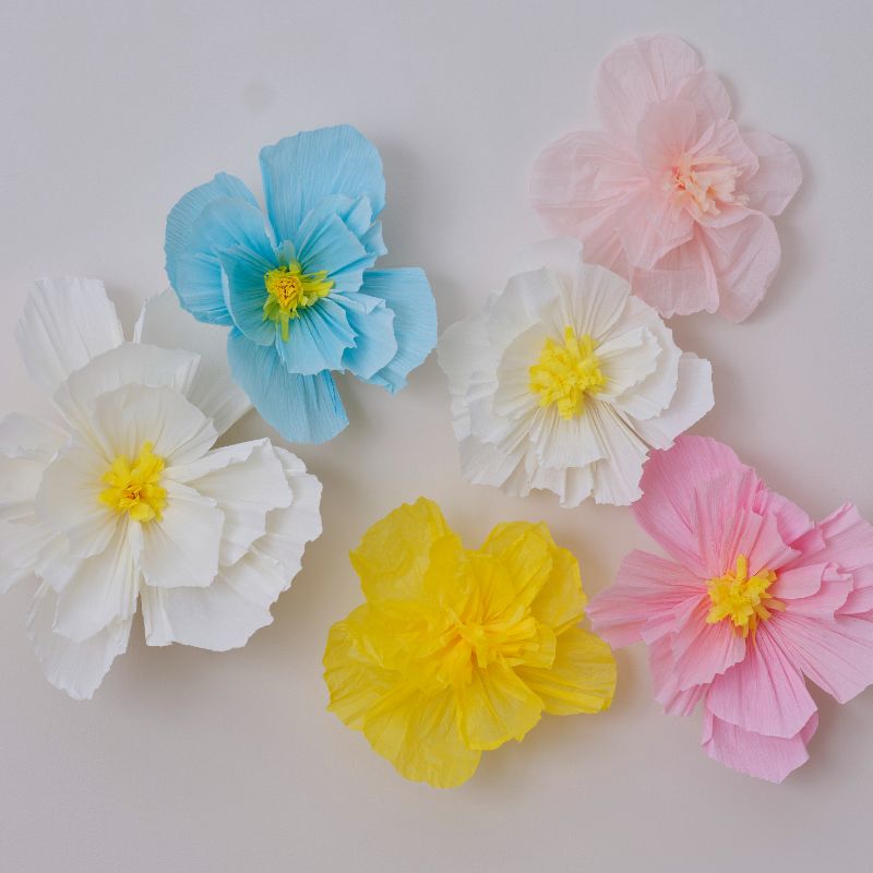 Colorful tissue flower set featuring six vibrant blooms, perfect for Spring decor and easy to hang for parties or home use.