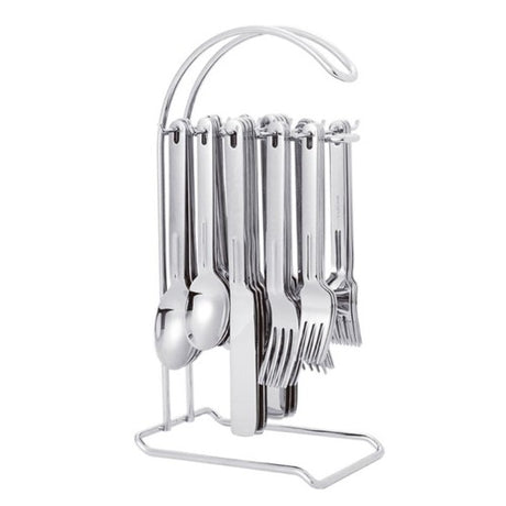 20 Piece Cutlery Set with Stand featuring elegant knives, forks, and spoons for four, organized stylishly for any dining occasion.
