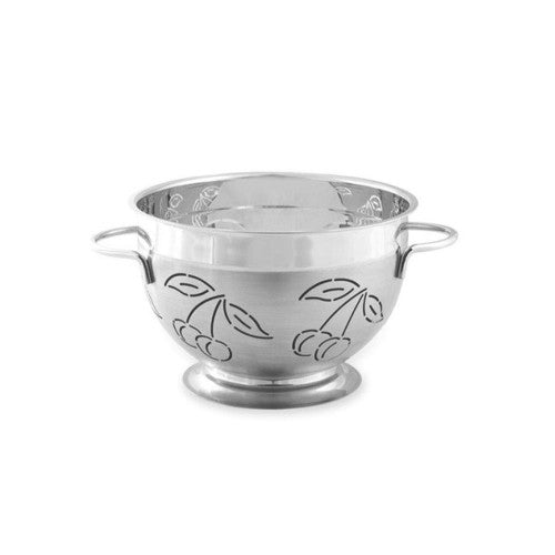 Medium stainless steel colander with charming cherry print, ideal for rinsing fruits and draining pasta, featuring ergonomic handles.