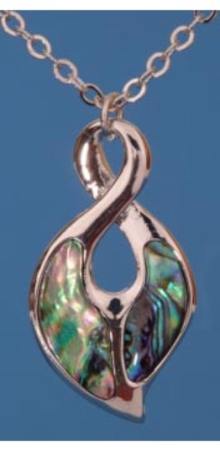 Elegant Paua Single Twist Pendant on rhodium chain, showcasing vibrant colors and unique carving symbolizing life's journey.