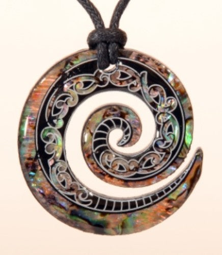 Paua Fancy Koru Pendant featuring vibrant colors, rich M?ori symbolism, suspended on a thick black adjustable cord.