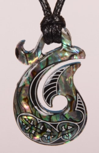 Paua Fancy Hook Pendant on black cord, showcasing vibrant blues and greens, symbolizing strength and good fortune.