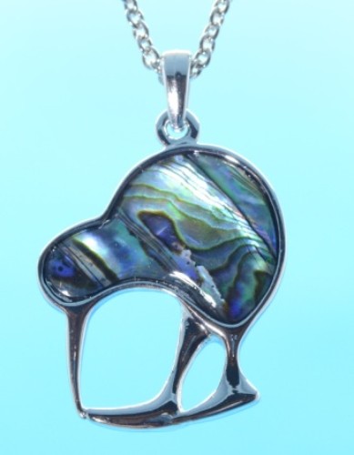 Vibrant Paua Kiwi pendant on a durable rhodium chain, showcasing unique iridescent shell artistry from New Zealand.