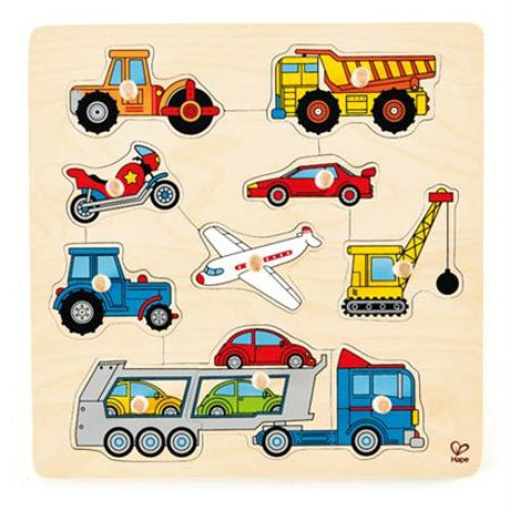 Colorful wooden puzzle featuring eight vehicle shapes with easy-grab knobs, designed for toddlers' fine motor skill development.