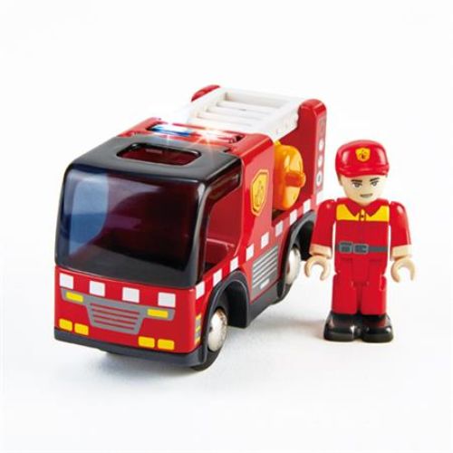 Bright red Hape fire truck with a realistic siren, designed for imaginative play and essential motor skill development in kids.