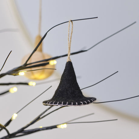 Pumpkin Spice Felt Witches Hat, 9.5cm high, 13cm wide, with twine loop for easy hanging, perfect for Halloween tree decor.