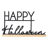 Black metal 'Happy Halloween' sign with wooden base, perfect modern decor for Halloween celebrations.