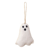 Handmade pumpkin spice felt ghost decoration, perfect for Halloween trees, with twine loop for easy hanging.