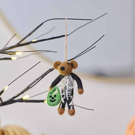 Whimsical Pumpkin Spice Felt Skeleton Bear hanging decoration, eco-friendly and handcrafted, perfect for Halloween trees.