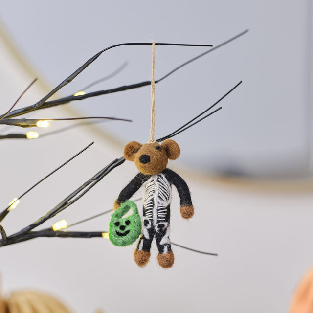 Whimsical Pumpkin Spice Felt Skeleton Bear hanging decoration, eco-friendly and handcrafted, perfect for Halloween trees.