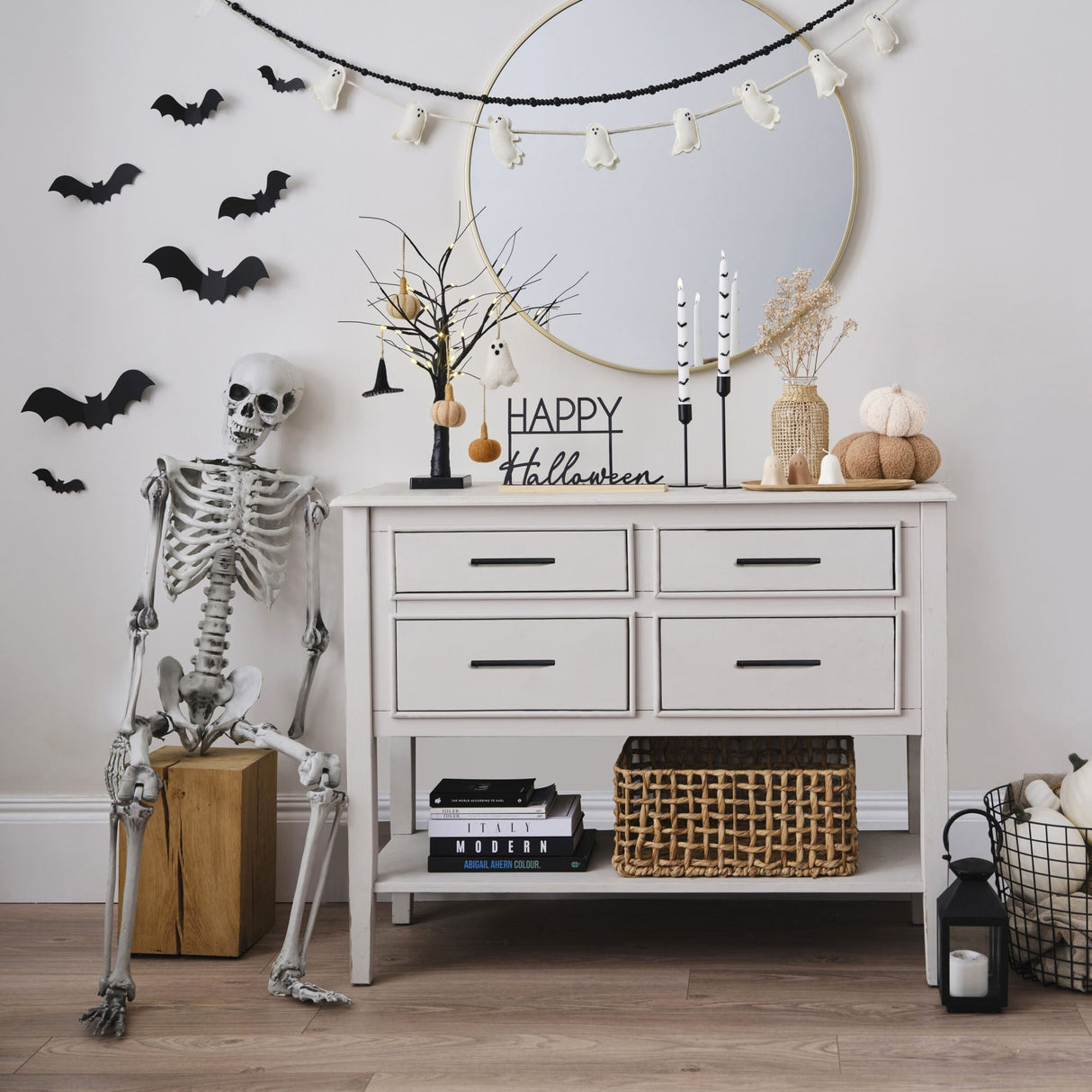 Whimsical pumpkin spice felt skeleton bear hanging decoration, handcrafted in Nepal, perfect for Halloween trees.