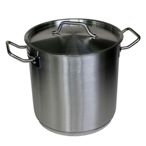 Stainless steel 10L stockpot with cover, 24cm diameter, sturdy base, ideal for soups, stews, and versatile cooking.