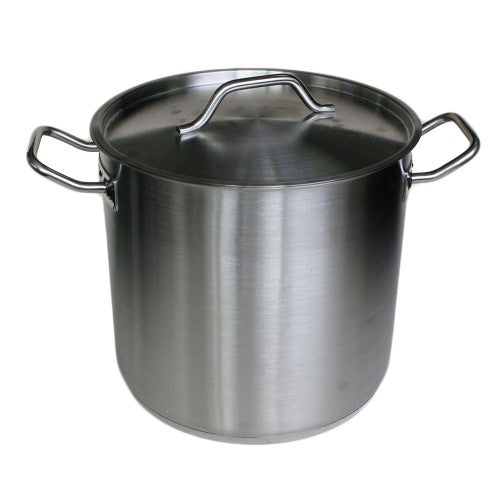 Stainless steel 16L stockpot with cover, 28cm diameter, designed for even cooking and easy cleaning. Ideal for large meals.