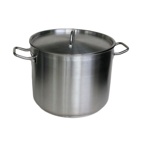 Stainless steel 20L stockpot with a cover, 32cm diameter, 5mm base; ideal for soups and stews, featuring heat-resistant handles.