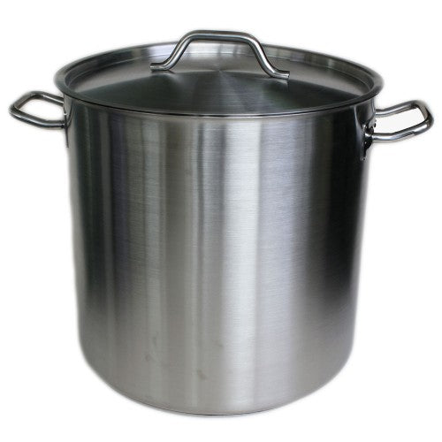 A 36-liter stainless steel stockpot with a heavy-duty lid and 5mm base, perfect for large batch cooking and simmering.