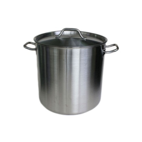 Large stainless steel stockpot with cover, 50L capacity, 40cm diameter, 5mm base for even heat, ideal for soups and stews.