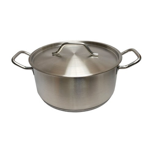 Stainless steel medium cookpot with 8-liter capacity, 28cm diameter, and cover for versatile cooking and easy maintenance.