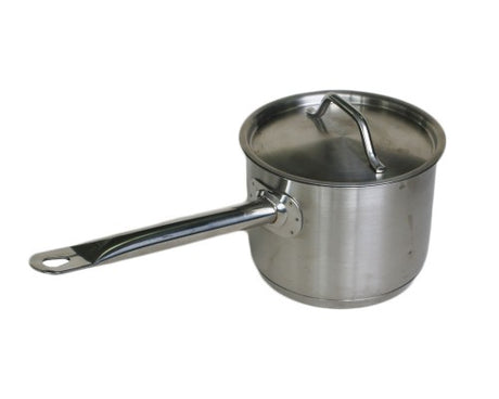 Sleek 2.4L stainless steel saucepan with a 16cm diameter, 5mm base, and snug cover for even cooking and heat retention.