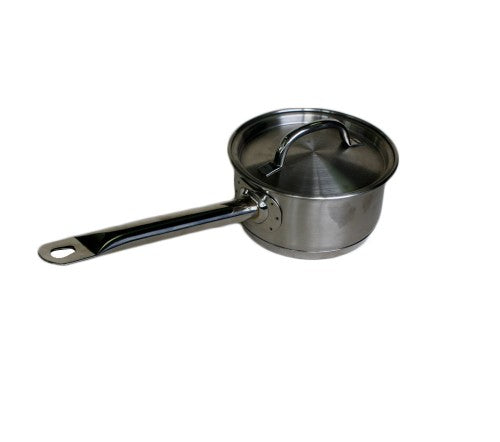 Premium stainless steel saucepan with 1.0L capacity, 14cm diameter, thick base, and cover for efficient cooking.