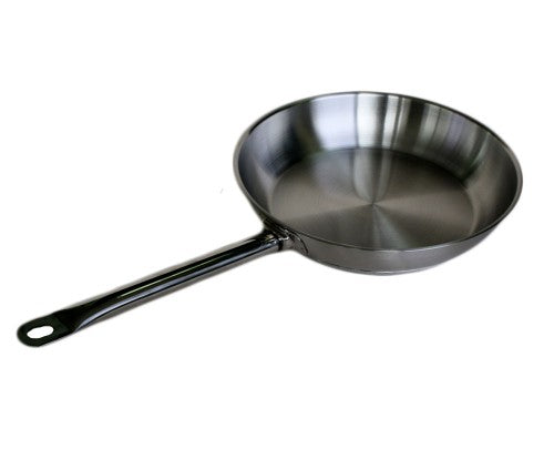 Stainless Steel Frypan 28cm with 5mm thick base, ideal for versatile cooking on all stove types.